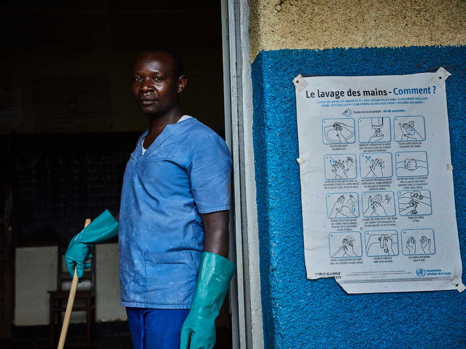 A health worker maintaining hygiene standards is seen at Kitatumba Hospital, Butembo, a heath facility currently receiving support from the WHO to prevent the spread of Ebola and establish infection prevention protocols for the future.<br><br>North Kivu is the epicentre of Congo's 10th Ebola epidemic, an outbreak declared a global health emergency by the World Health Organization.